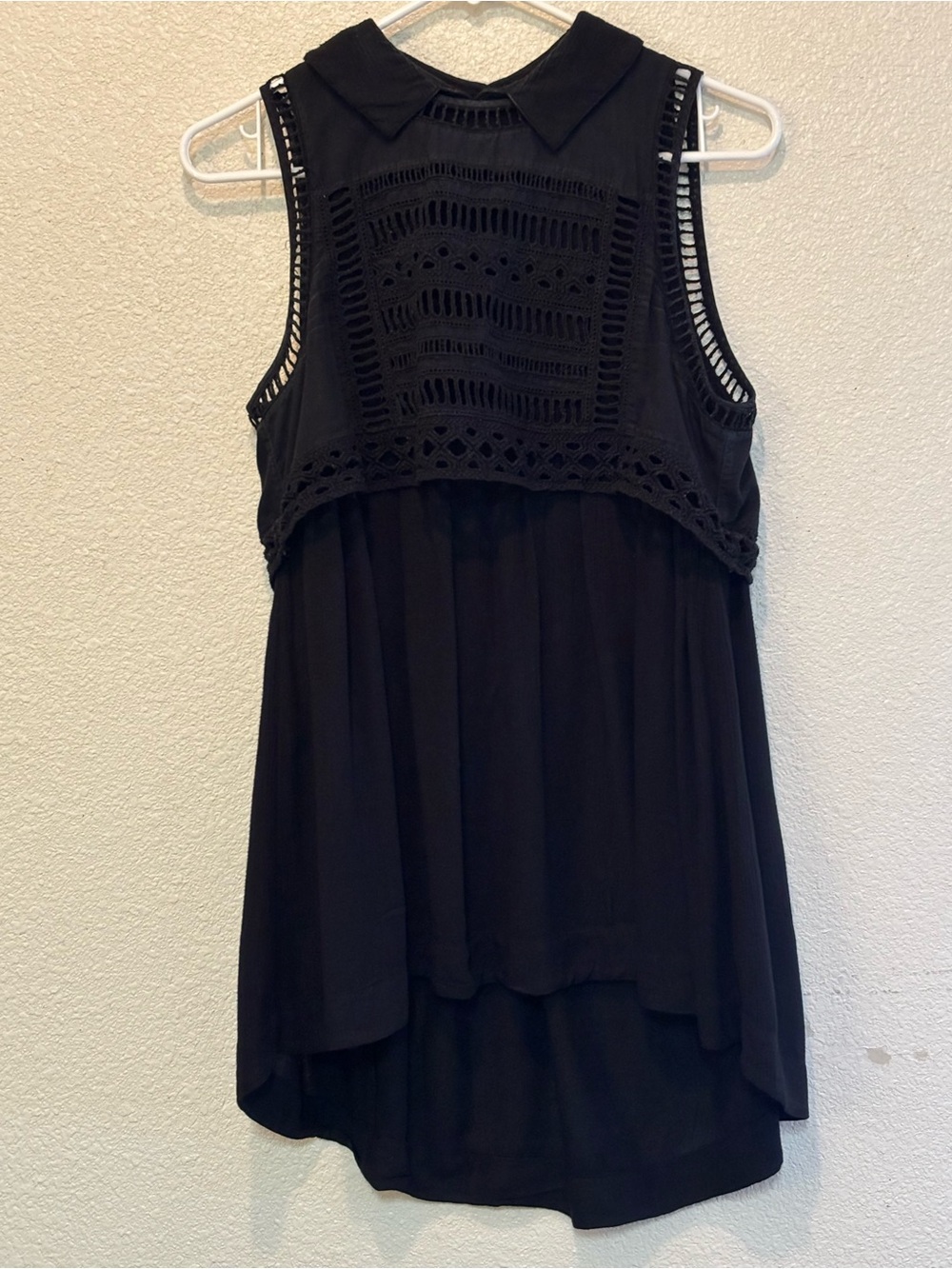 Free People Black Sleeveless Lace Yoke Collared Camisole